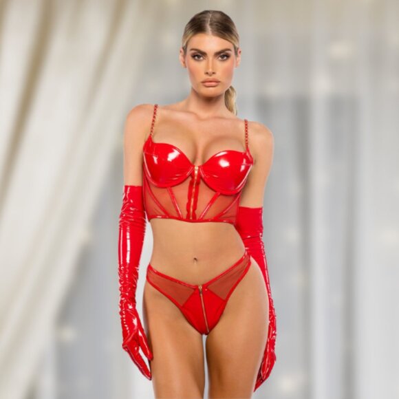 NWT Red Wet Look Faux Leather & Mesh Bustier & Thong Lingerie